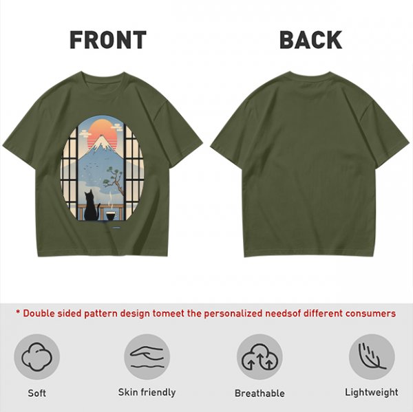 Olive T-shirt with Black Cat Viewing Mount Fuji Sunrise Art