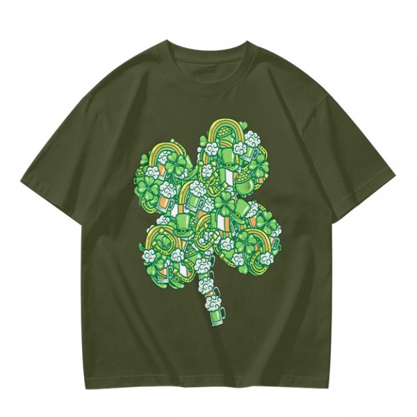 Olive Green T-Shirt With St. Patrick's Day Four-Leaf Clover Art