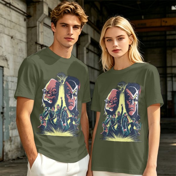 Olive Graphic Tee With Retro Sci-Fi Character Art Print