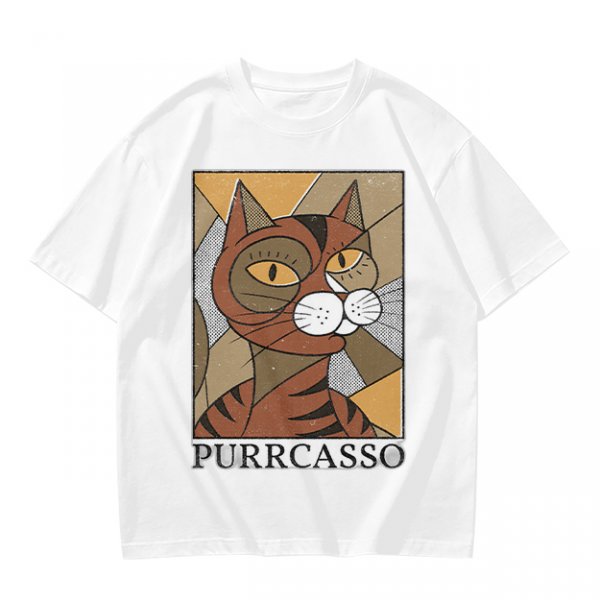 Olive green t-shirt with cubist style cat print and Purrcasso text