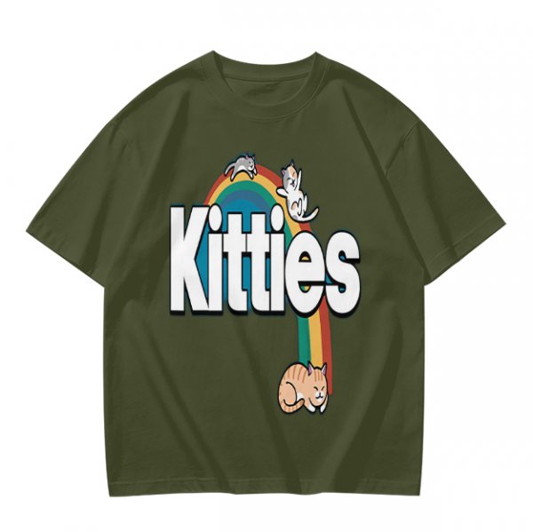Olive Green T-Shirt With Kitties Rainbow Graphic Design