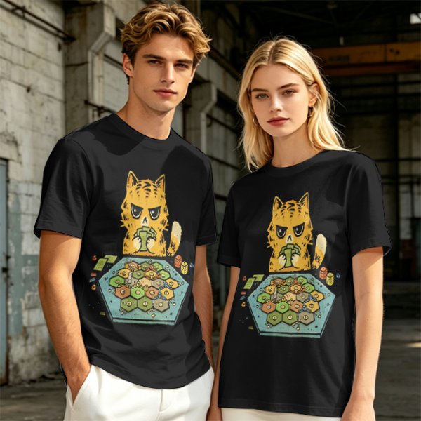 Grumpy Orange Cat Playing Settlers of Catan Board Game T-Shirt