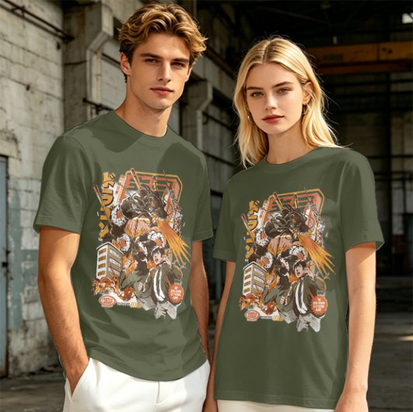 Olive green anime graphic t-shirt with monster and city scene