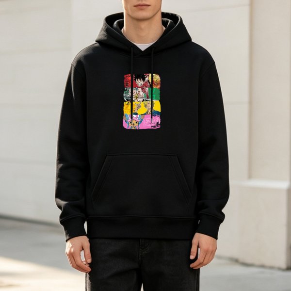 Black Hoodie with One Piece Anime Character Collage Print