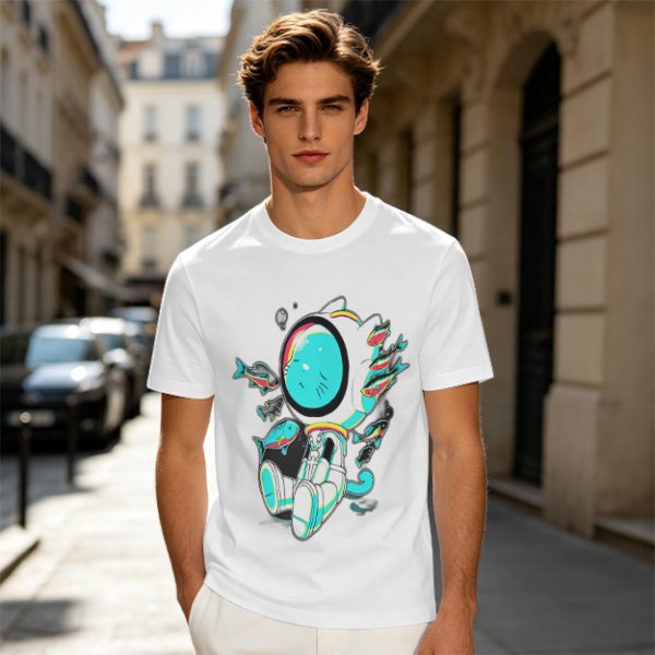 Olive T-Shirt with Astronaut Cat and Fish Graphic Print