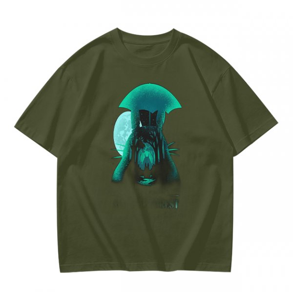 Olive T-Shirt With Glowing Teal Mushroom Creature And Moon Print