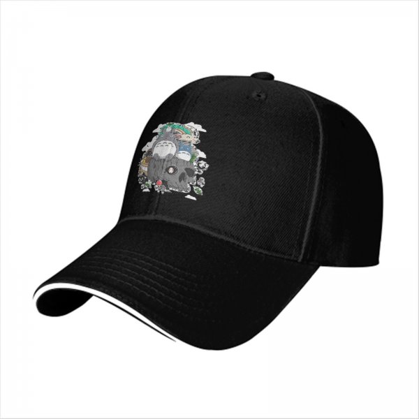 Black baseball cap with My Neighbor Totoro themed graphic print