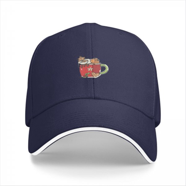 Black baseball cap with festive red mug and treats graphic