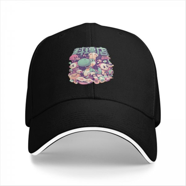Black baseball cap with cute dinosaur chef and anime character graphic