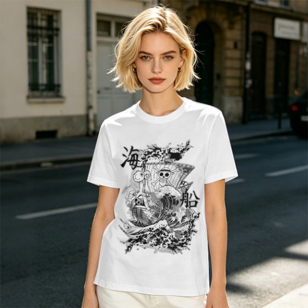 Olive T-shirt with One Piece Going Merry Ship Ink Art Print