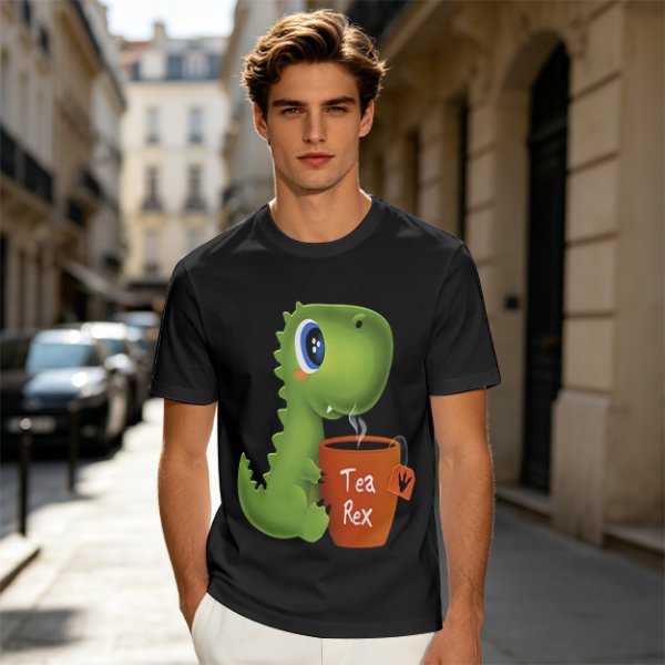 Olive green t-shirt with cute Tea Rex dinosaur holding a steaming tea mug