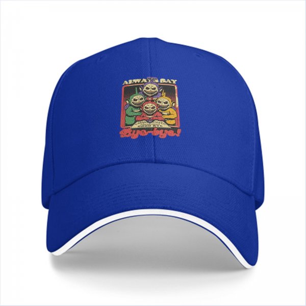 Black baseball cap with creepy Teletubbies 'Always Say Bye-bye' print