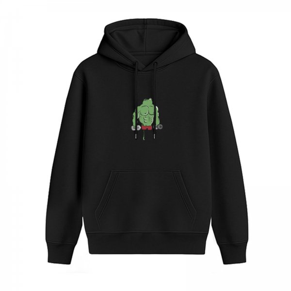 Black Hoodie With Muscular Frog Lifting Dumbbells Graphic