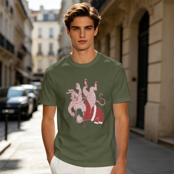 Olive T-Shirt With Krampus And Santa Graphic Print