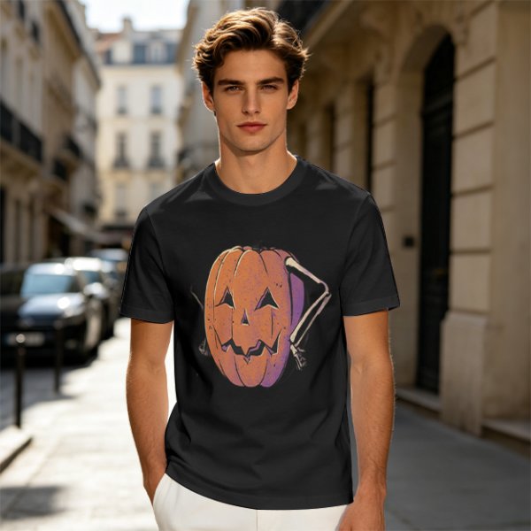 Olive Halloween T-Shirt with Skeleton Arm Jack-o'-Lantern Graphic