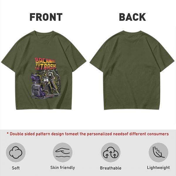 Olive graphic t-shirt with Back to the Trash raccoon design