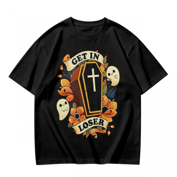 Olive Halloween T-Shirt with Get In Loser Coffin Ghost Floral Art