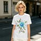 Olive Green T-Shirt with Watercolor Blue Lily Flower Print