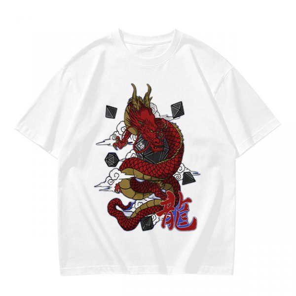 Olive T-shirt with Red Chinese Dragon and Cloud Graphic Print