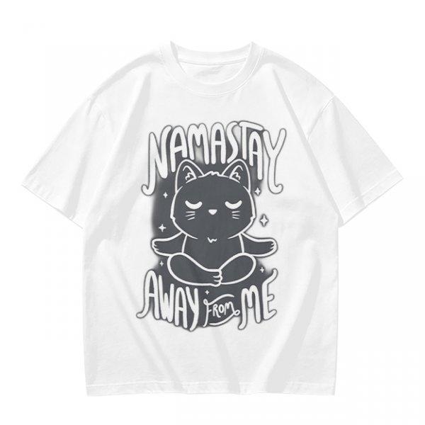 Olive green t-shirt with meditating cat and 'namastay away from me' print