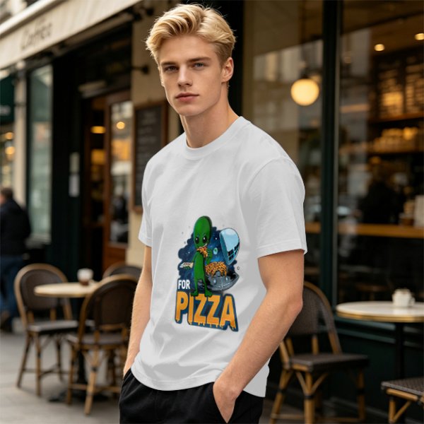 Olive Green T-Shirt with Alien Eating Pizza UFO Graphic