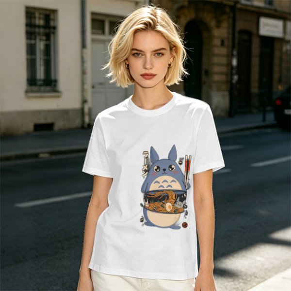 Olive T-shirt with Totoro ramen bowl graphic print