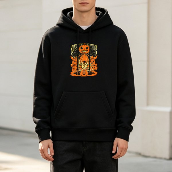 Black hoodie with Halloween pumpkin and character graphic print