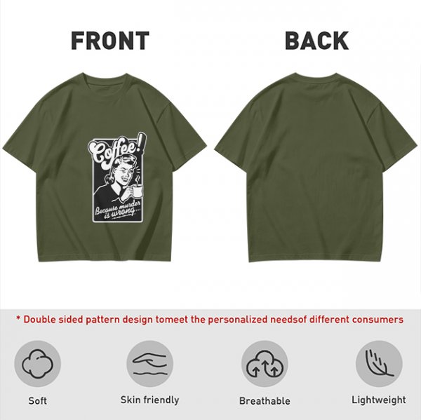 Olive T-Shirt with Retro Coffee Murder Pun Graphic