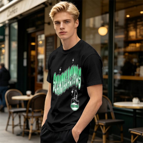 Olive green graphic t-shirt with 'Scandalacious' print and witch hat design
