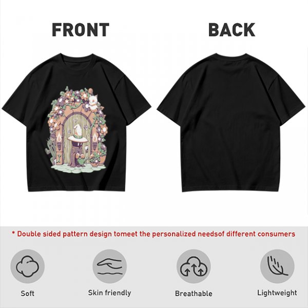 Olive T-Shirt With Whimsical Wizard Cat Garden Door Art