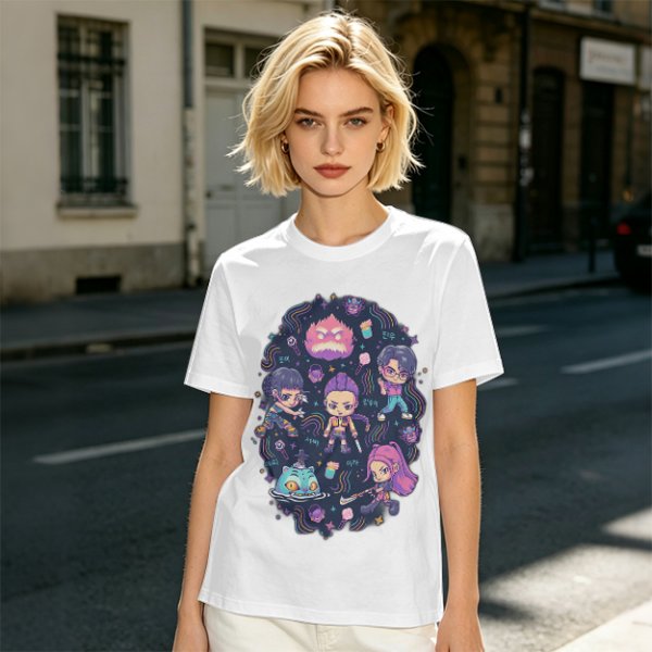 Olive T-shirt with Chibi Fantasy Characters and Whimsical Art Print