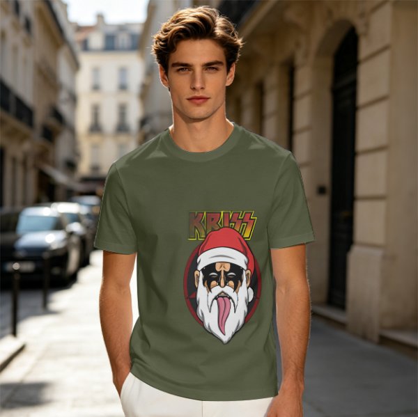Olive T-Shirt with Kriss Santa Rock Band Graphic Print