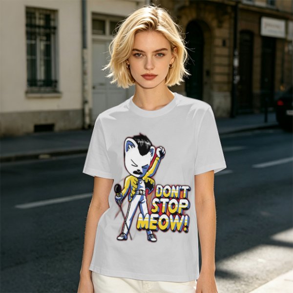 Olive graphic t-shirt with cat Freddie Mercury 'Don't Stop Meow' print
