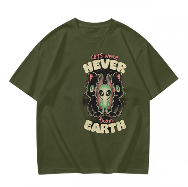 Olive green graphic t-shirt with 'cats were never from earth' alien and cat print