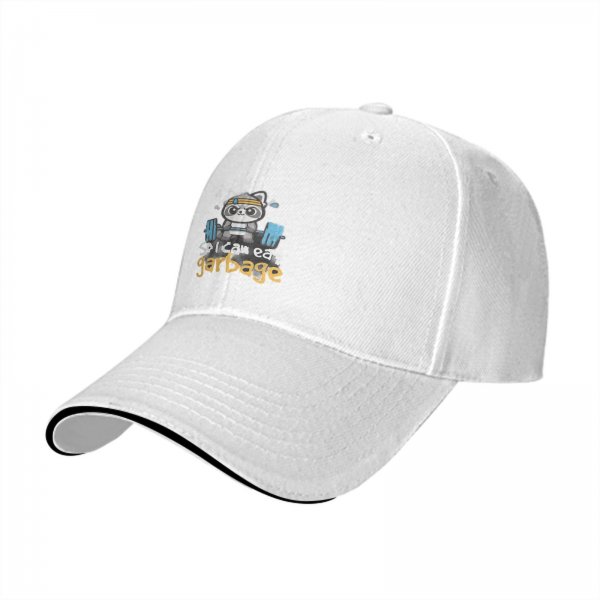 Black baseball cap with raccoon lifting weights and 'so i can eat garbage' text