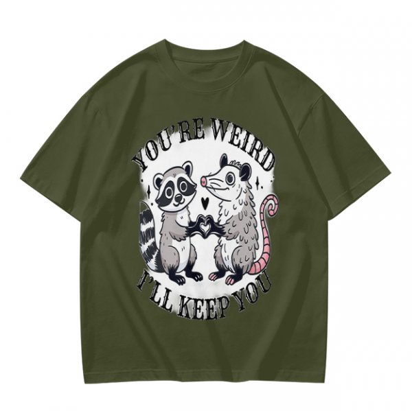 Olive T-Shirt With Raccoon and Opossum Weird Love Graphic