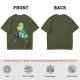 Olive t-shirt with a cartoon dinosaur working on laptop holding coffee