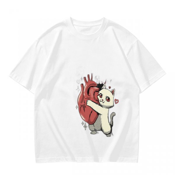 Olive T-Shirt With Cute White Cat Hugging Anatomical Heart Print