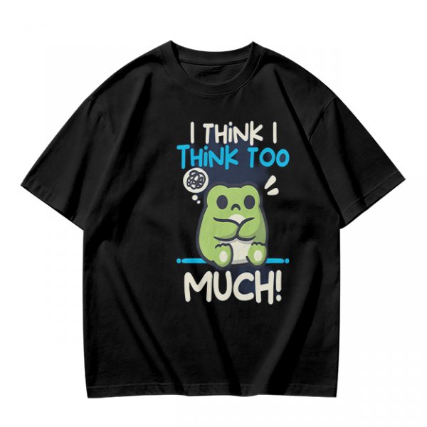 Olive t-shirt with 'I think I think too much' anxious frog print