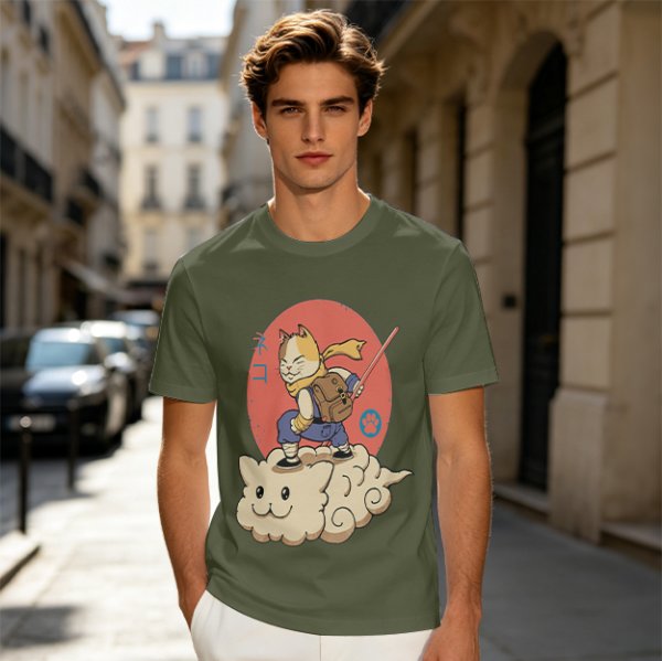 Olive T-shirt with a cat warrior riding a flying cloud graphic