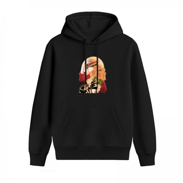 Black hoodie with anime character and floral graphic print