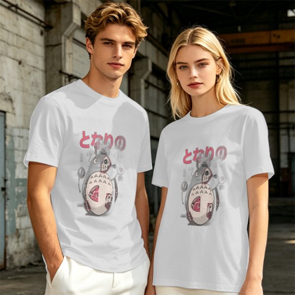Olive T-shirt with horror stylized Totoro graphic and Japanese text
