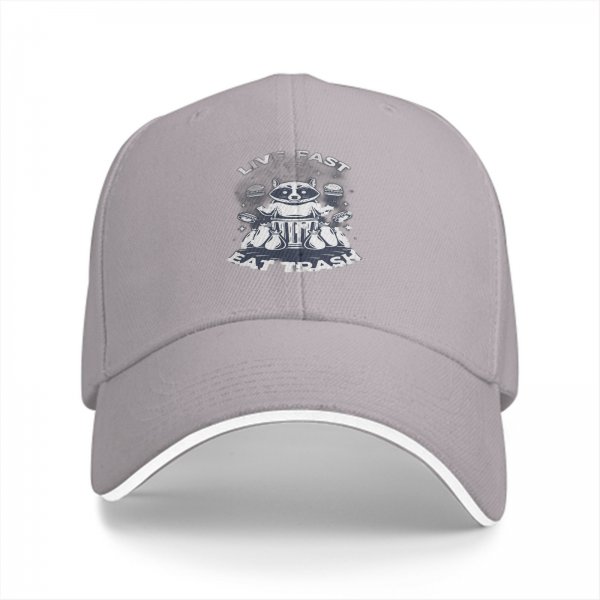 Black baseball cap with raccoon live fast eat trash graphic