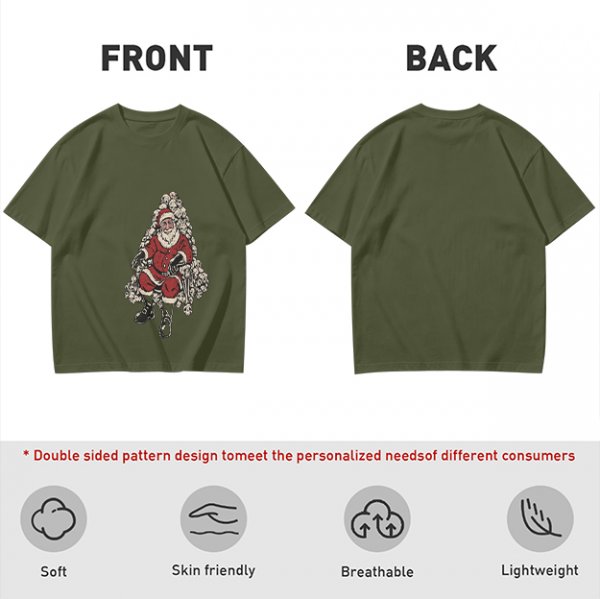 Olive T-shirt with Santa Claus on Skull Throne Graphic