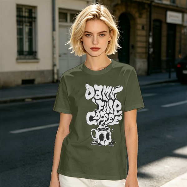 Olive Graphic T-Shirt With 'Damn Fine Coffee' Skull Mug Print