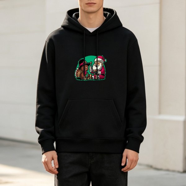 Black Hoodie With Santa And Turkey Christmas Print