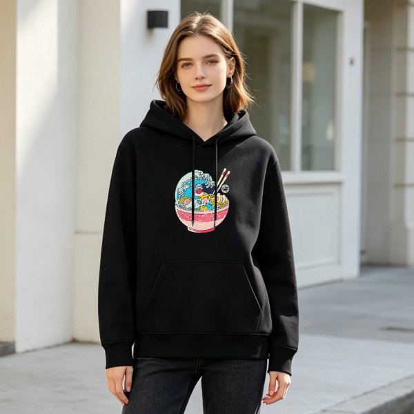 Black Hoodie With Ramen Bowl Wave Graphic Print