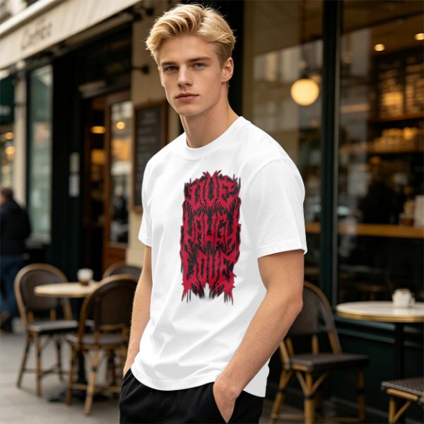 Olive green graphic t-shirt with dark metal style Live Laugh Love print