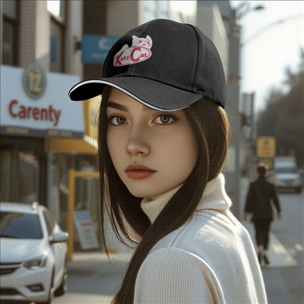 Black baseball cap with Kitty Cat graphic and text