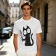 Olive T-shirt with a black cartoon cat holding a bloodied knife